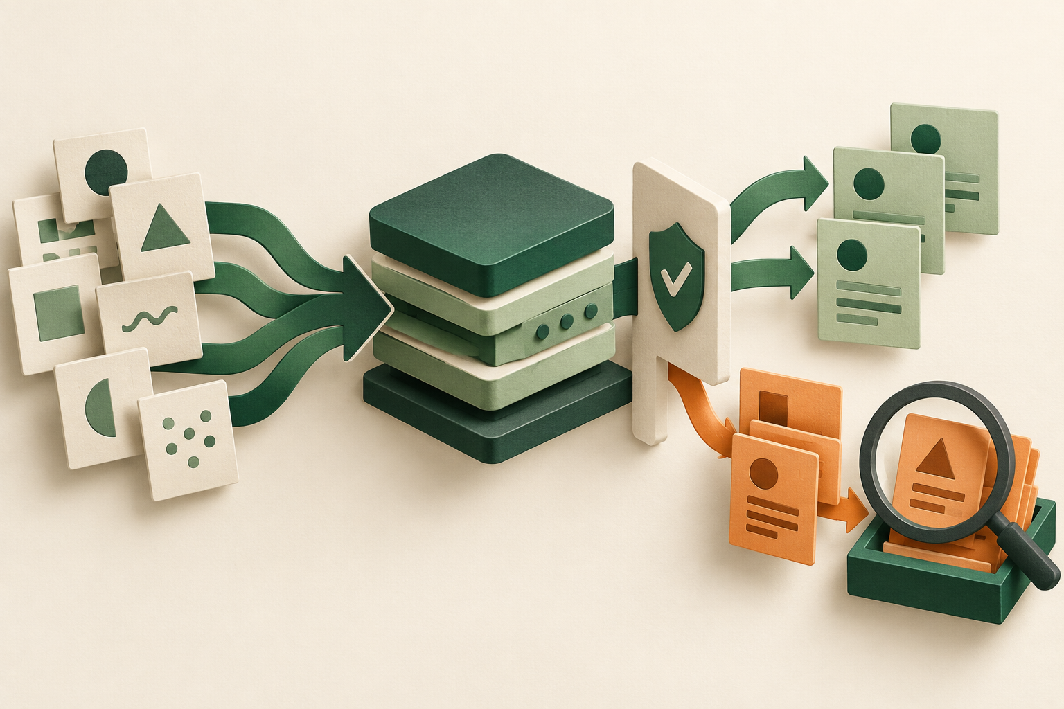 AI evaluation illustration showing sample data, a model, verified outputs, and exceptions requiring review.