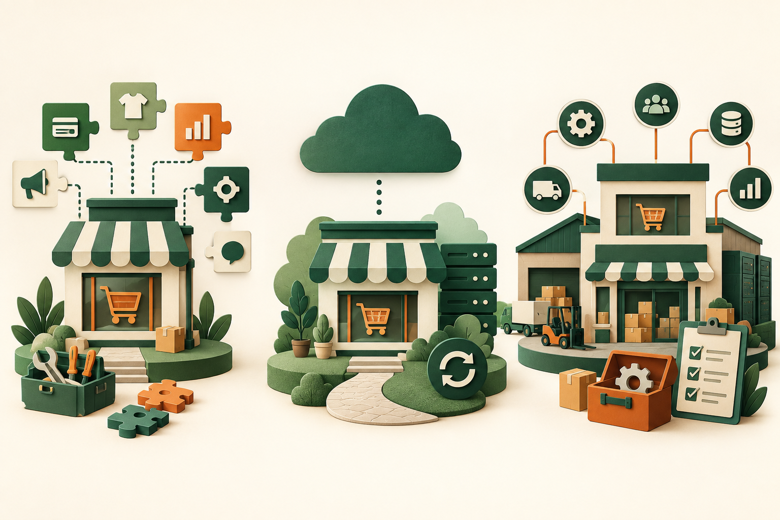 Three commerce storefronts illustrating modular, hosted, and integrated enterprise platform choices.